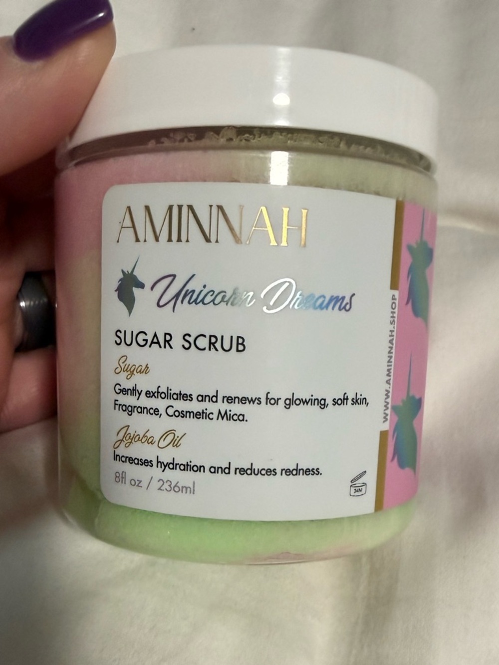 AMINNAH Unicorn Dreams Sugar Scrub – pink sugar and cotton candy smell!